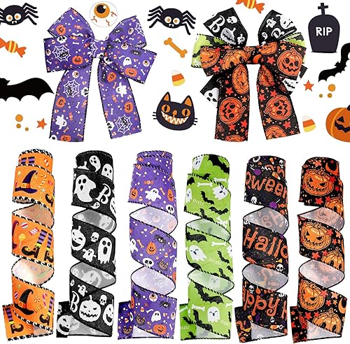6 rollos de 30 yardas de cinta de grogrén con borde con alambre de Halloween para coronas, murciélagos, telarañas, estampado de calabaza, fantasma,