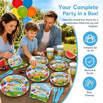 120PCS Cartoon Melon Birthday Party Supplies for Boys and Girls 1st 2rd Birthday Party School Bus Rainbow Watermelon Tableware Set Napkin Cups Forks Knives for 20 Guests