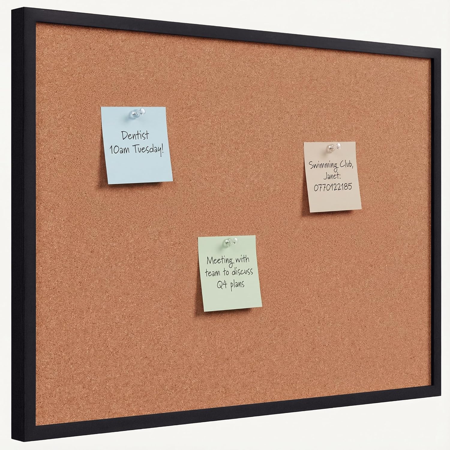 Cork Board 44CM x 33CM Pin Board Notice Office Memo School with Clear Push Pins Black Coloured Wooden Frame Board