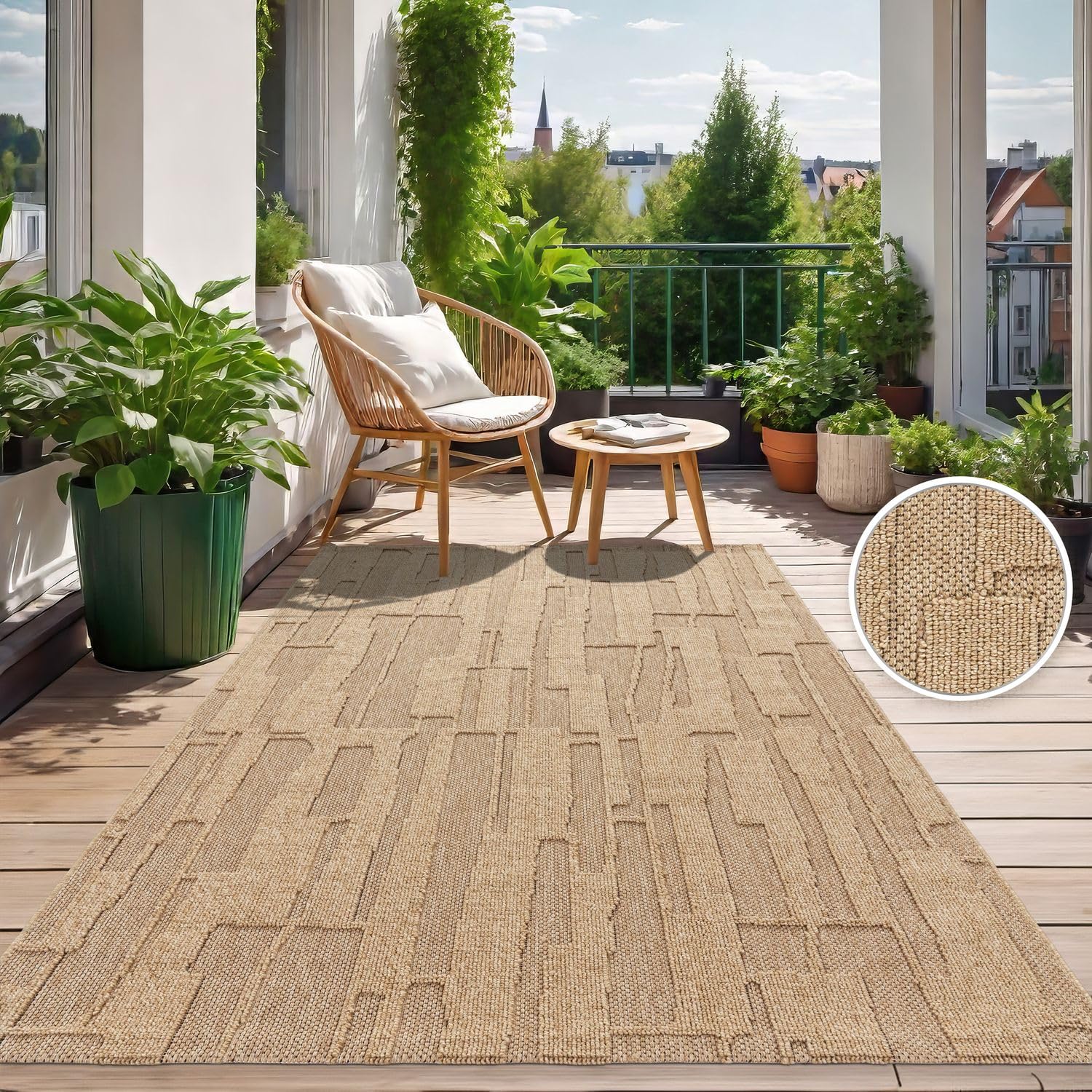 TT Home Alfombra De Interior Y Exterior Resistente A La Intemperie Balcón Cocina Alfombra De Salón Efecto Boho High-Low Motivo, Color:Beige Oscuro, Tamaño:120x160 cm