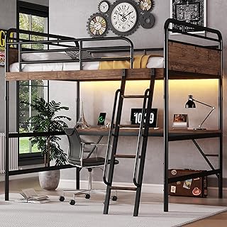 Full Size Loft Bed with Desk, Heavy-Duty Metal Loft Beds with LED Light ...
