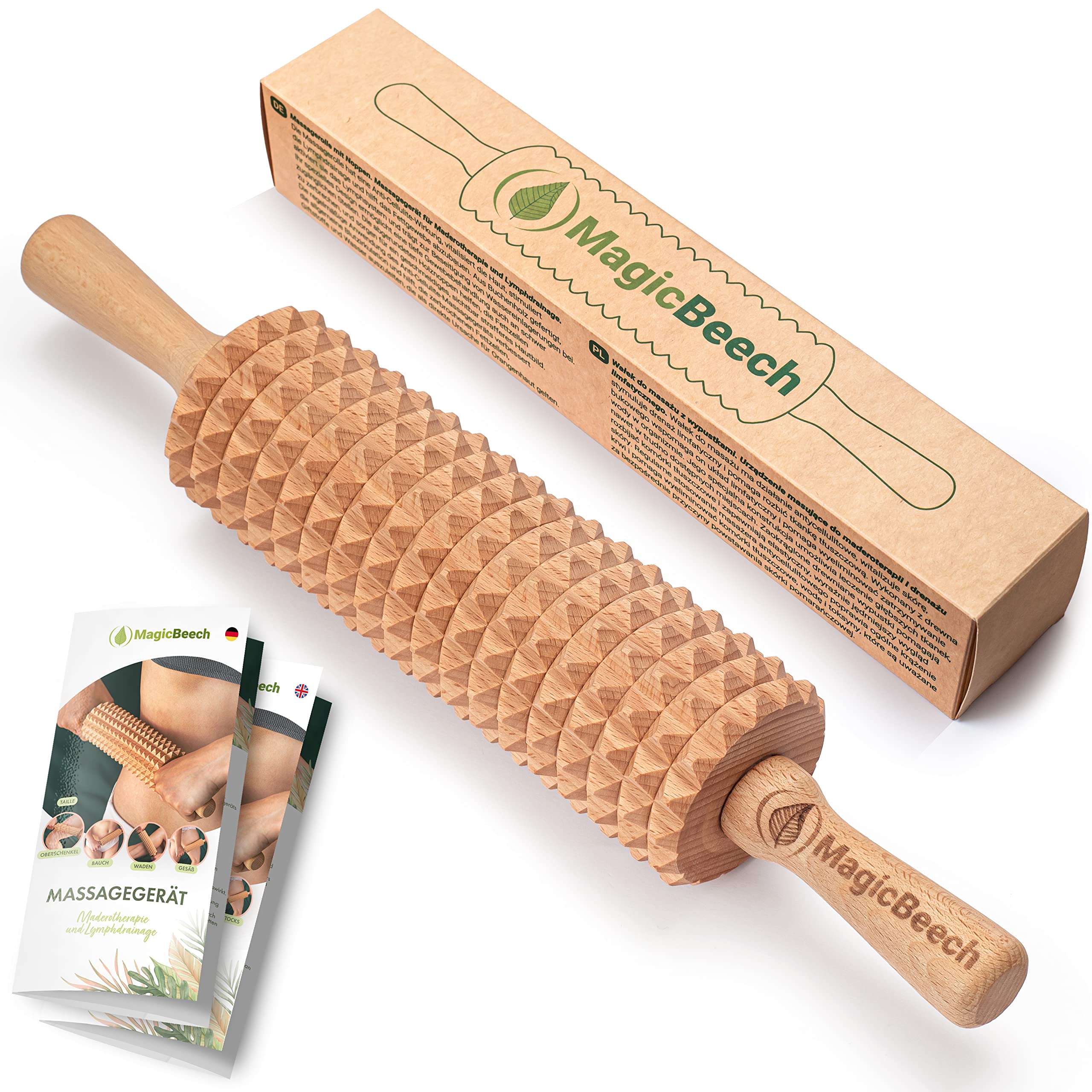100% Beech Wood Massage Roller - Wooden Massage Roller with Handle Massager Against Cellulite for Maderotherapy Lymphatic Drainage Body Massage - Made in Europe