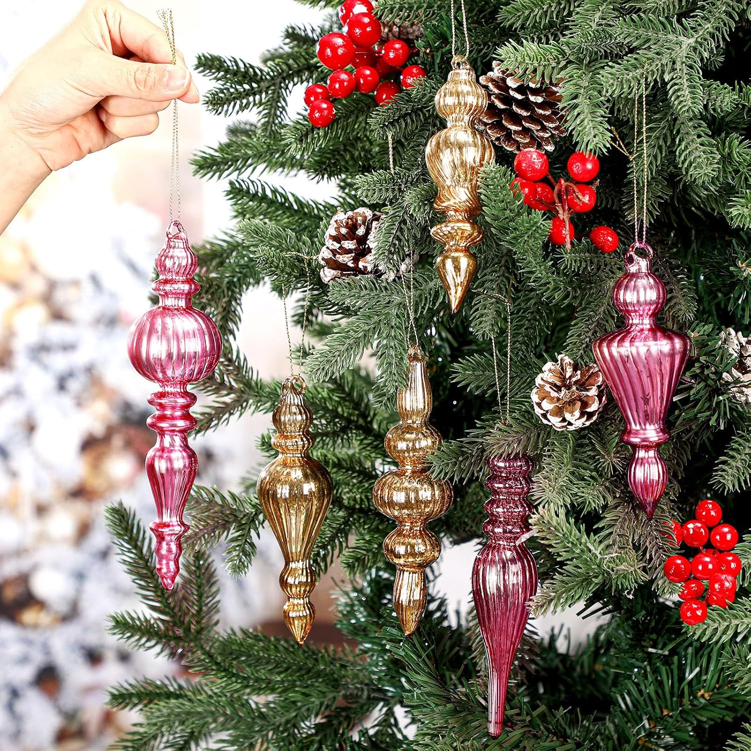 Soaoo 6 Pcs 6.3 Inch Rose Gold Mercury Glass Finial Christmas Ornaments Hanging Christmas Finials Glass Ornaments Assorted Mercury Decor for Xmas Tree Vintage Holiday Decoration(Classic)