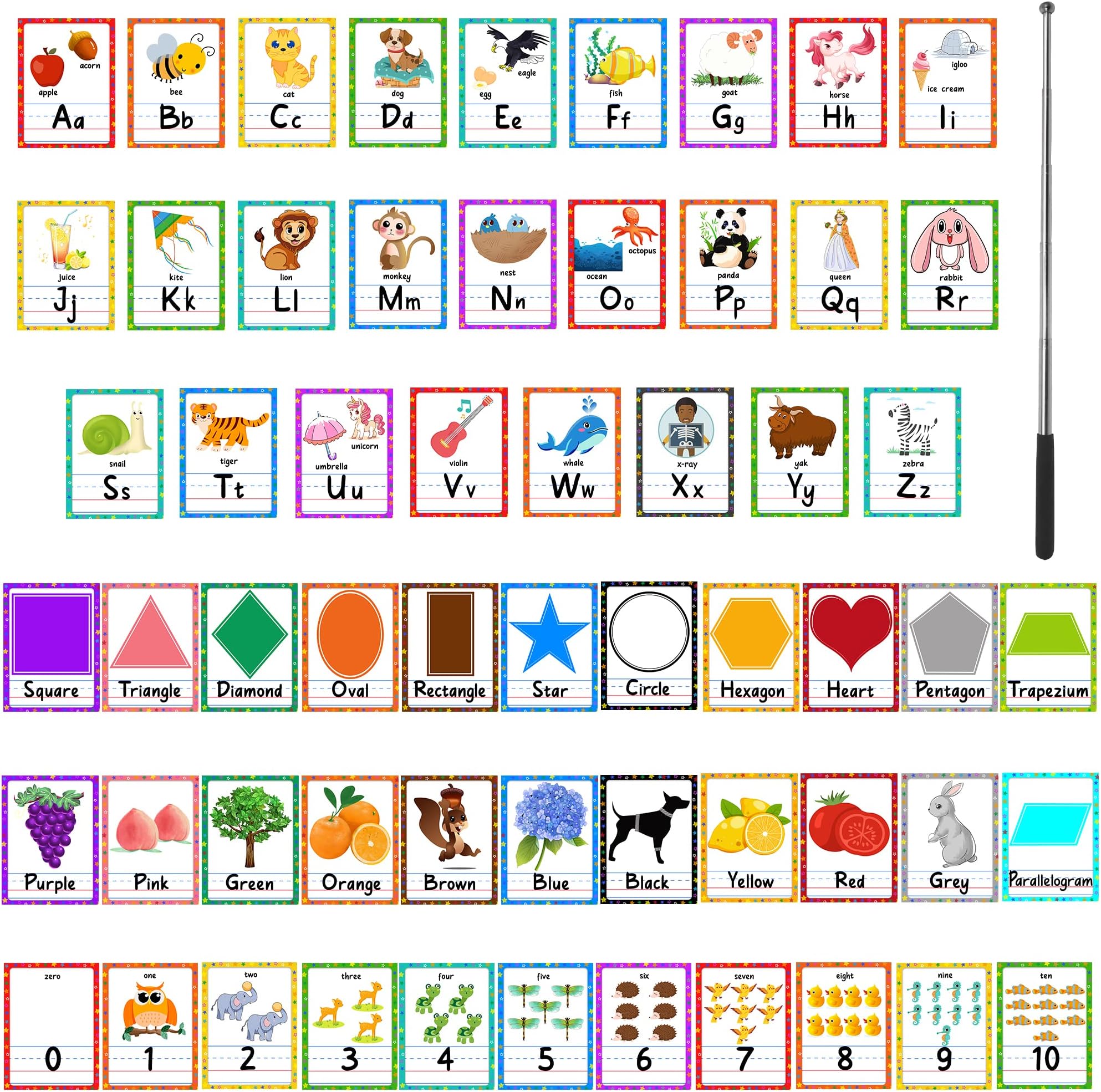 59 Pieces Alphabet Wall Bulletin Board Set, Manuscript ABC Number Line Shapes Colors Cards, Early Learning Posters for Kindergarten Preschool Homeschool Classroom Decor(Cartoon Style)