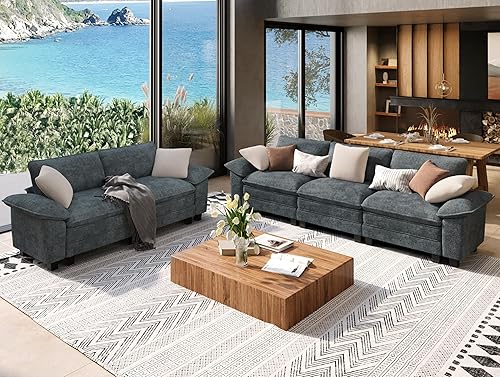 Miniatura 17 de Juego de sofá y sofá cama, asiento modular de chenilla extragrande y sofá de 3 plazas con almohadas, juego de muebles de sofá seccional moderno de