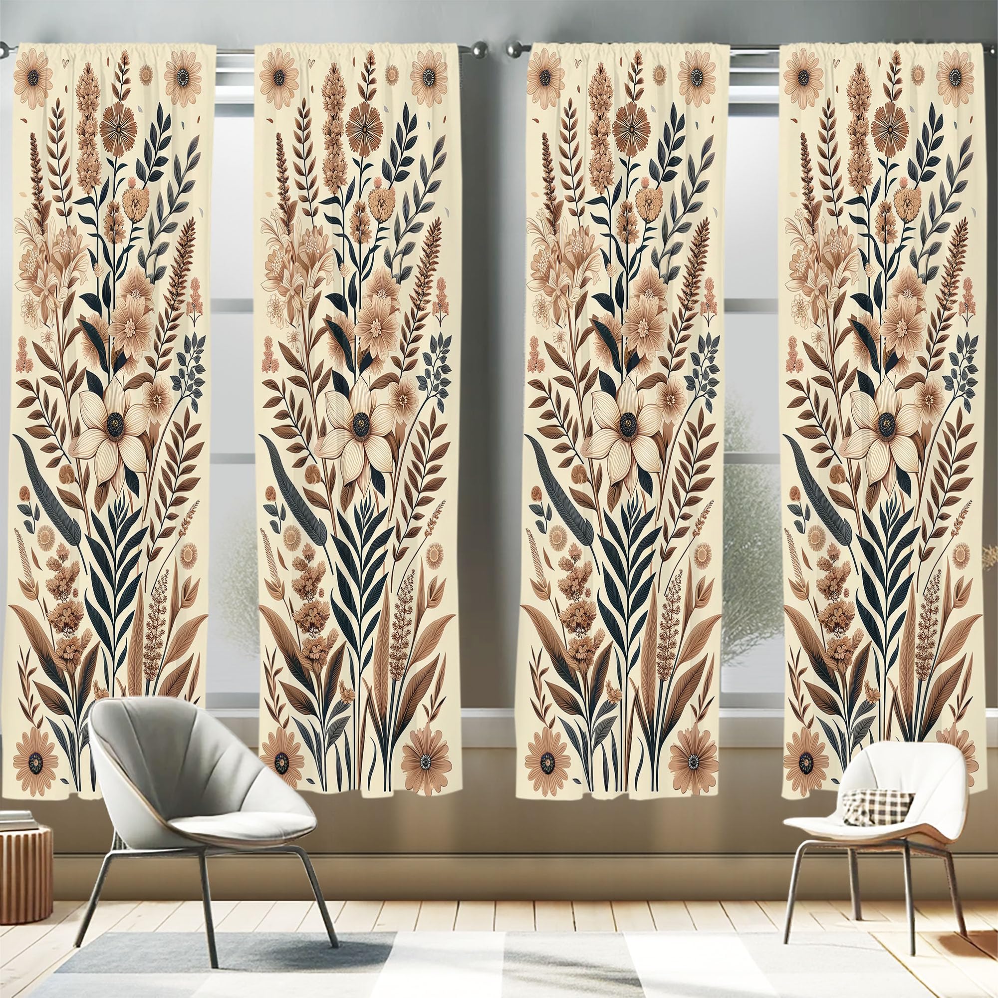 ABAKUHAUS Vintage Floral Window Curtains Pack of 2, Boho Garden of Nostalgia Branches Leaves and Blooming Flowers