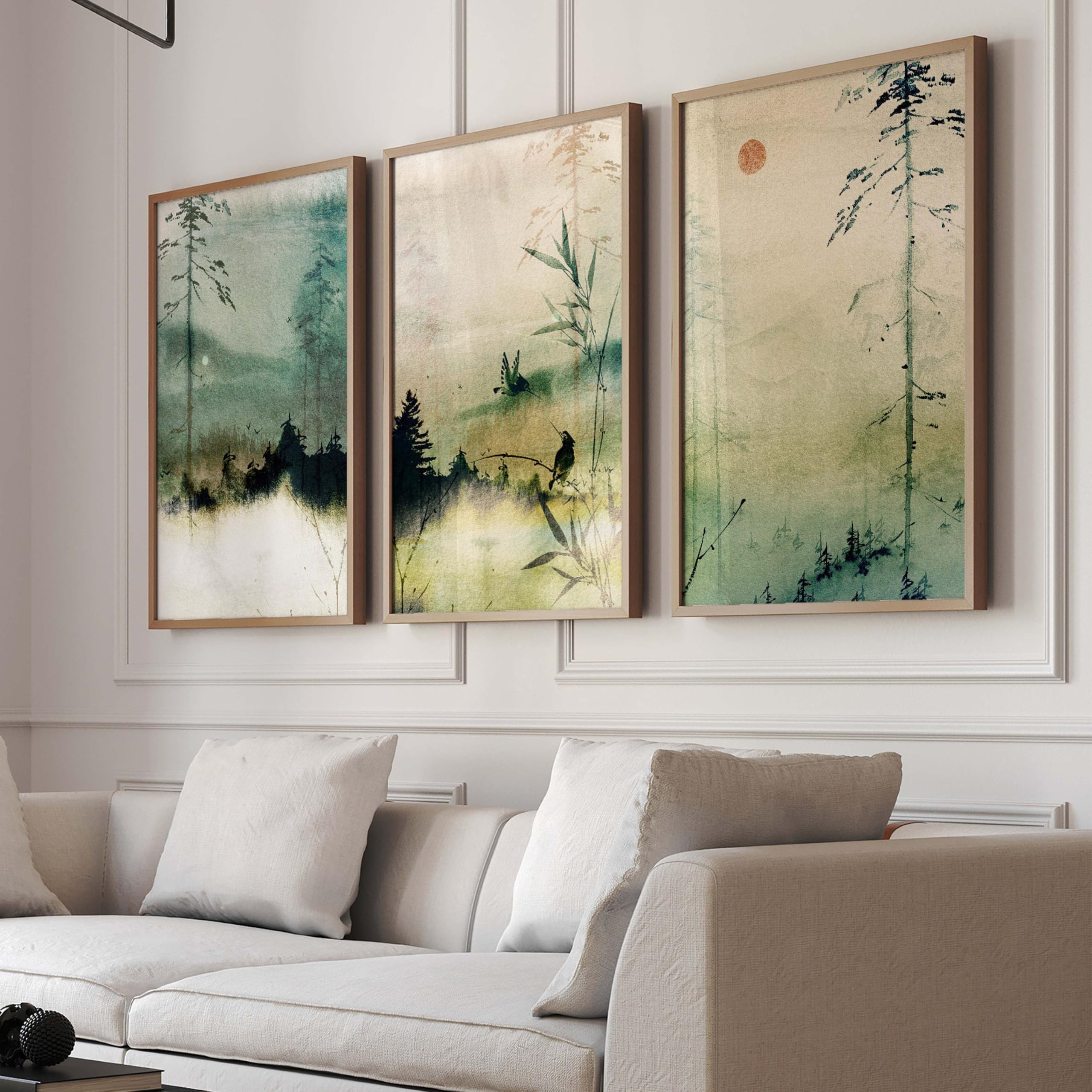 AMOSIJOY Japanese Mountain Wall Art Prints Set of 3, Minimalist Landscape Posters with Green Nature Scenery, Zen Inspired Artwork for Living Room Bedroom Office Home Decor, Unframed (30×40cm)