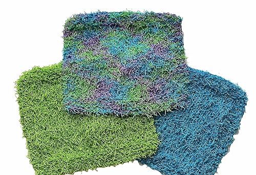 Handmade Scrubby Washcloth - Exfoliating - Ocean Blue/Lime/Print - 100% polyester - Set of 3