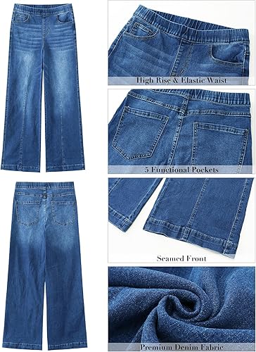Miniatura 6 de GRAPENT Pantalones de mezclilla para mujer, holgados, elásticos, de cintura alta, pierna ancha, con costura frontal a la moda, jeans sueltos de los