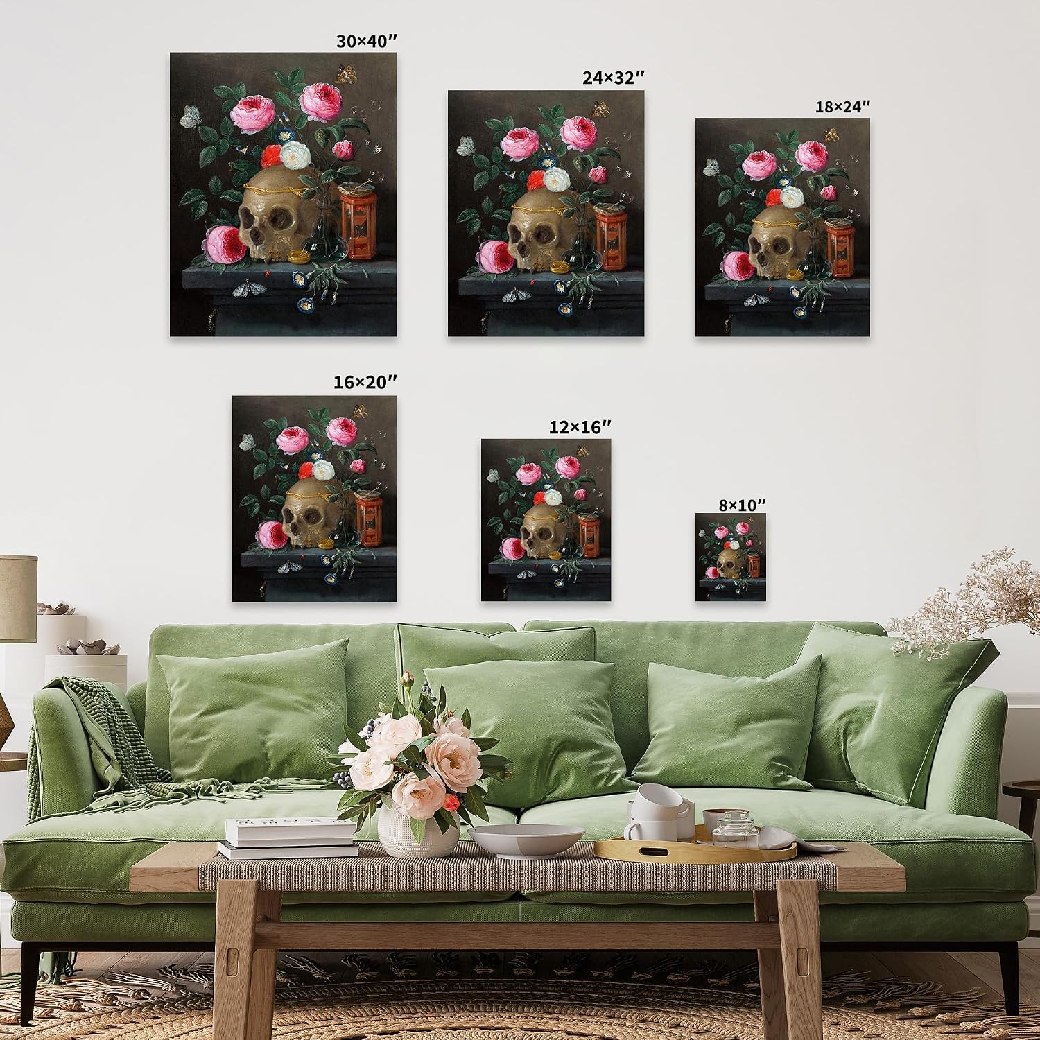Poster Master Vintage Vanitas Still Life Canvas - Retro Flowery Skull Print - Flower Art - Floral Gift for Men & Women - Gothic Wall Decor for Bedroom or Living Room - 8x10 STRETCHED Canvas