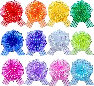 12PCS Assorted Colors Pull Bows, 6-Inch Large Sheer Organza Ribbon Bows with Metallic Stripes, 12 Colors Variety Set, Gift Wrapping Bow for All Occasions, Birthdays & Baskets Colorful Stripe