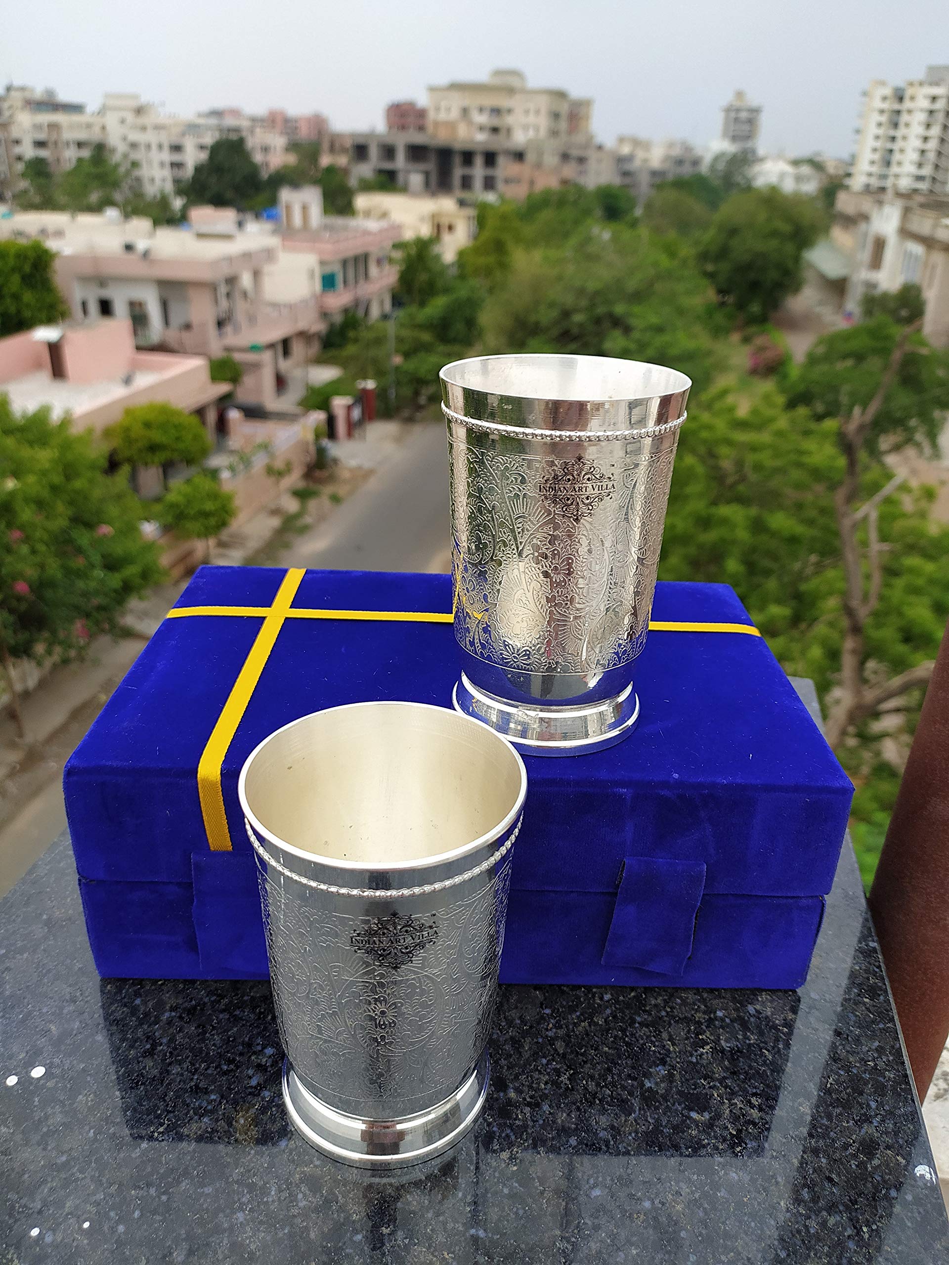 Indian Art Villa Silver Plated Designer Glass Set of 2 with Blue Box, Embossed Design, Serveware and Drinkware, Best for birthday, anniversary and festivals, Volume- 9 Oz