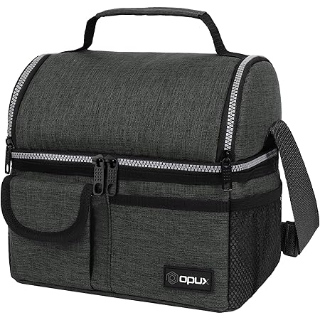 opux insulated dual compartment lunch bag for men women double deck reusable lunch pail cooler bag with shoulder strap