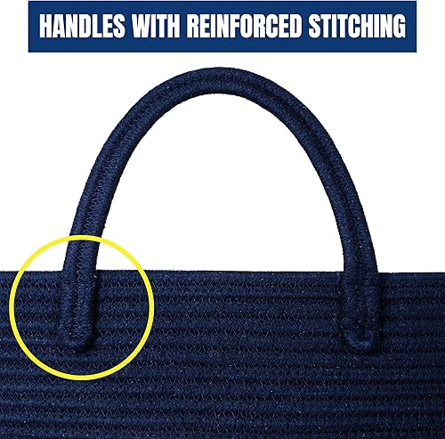 Miniatura 8 de MINTWOOD Design Cesta decorativa de cuerda de algodón tejida extragrande de 22 x 14 pulgadas, para sala de estar, con asas largas, cesta de