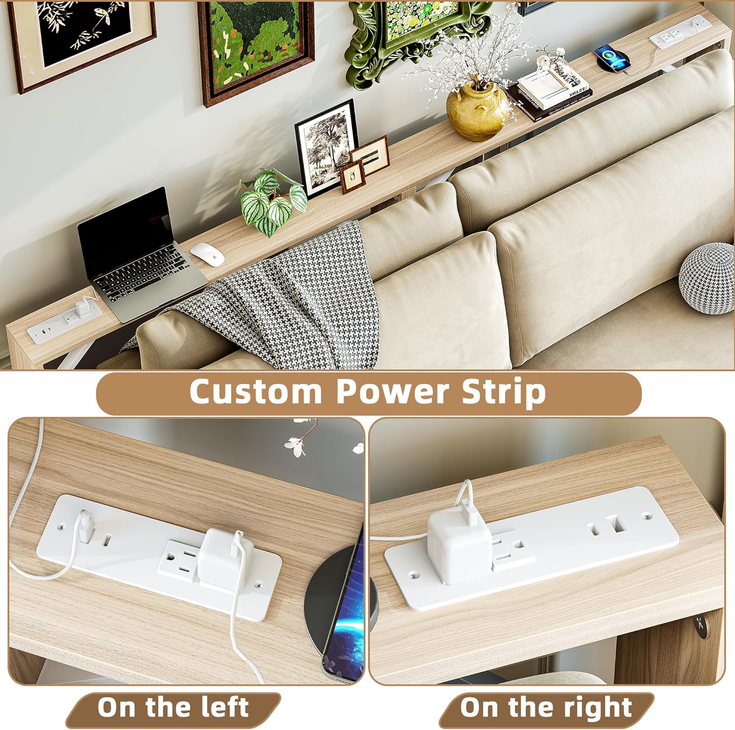 TIQLAB 5.9 Inch Narrow Console Table with Power Outlet,Sofa Table Set of 2，Total Length 94'' Sofa Table Behind Couch，for Entryway&Living Room, Light Walnut