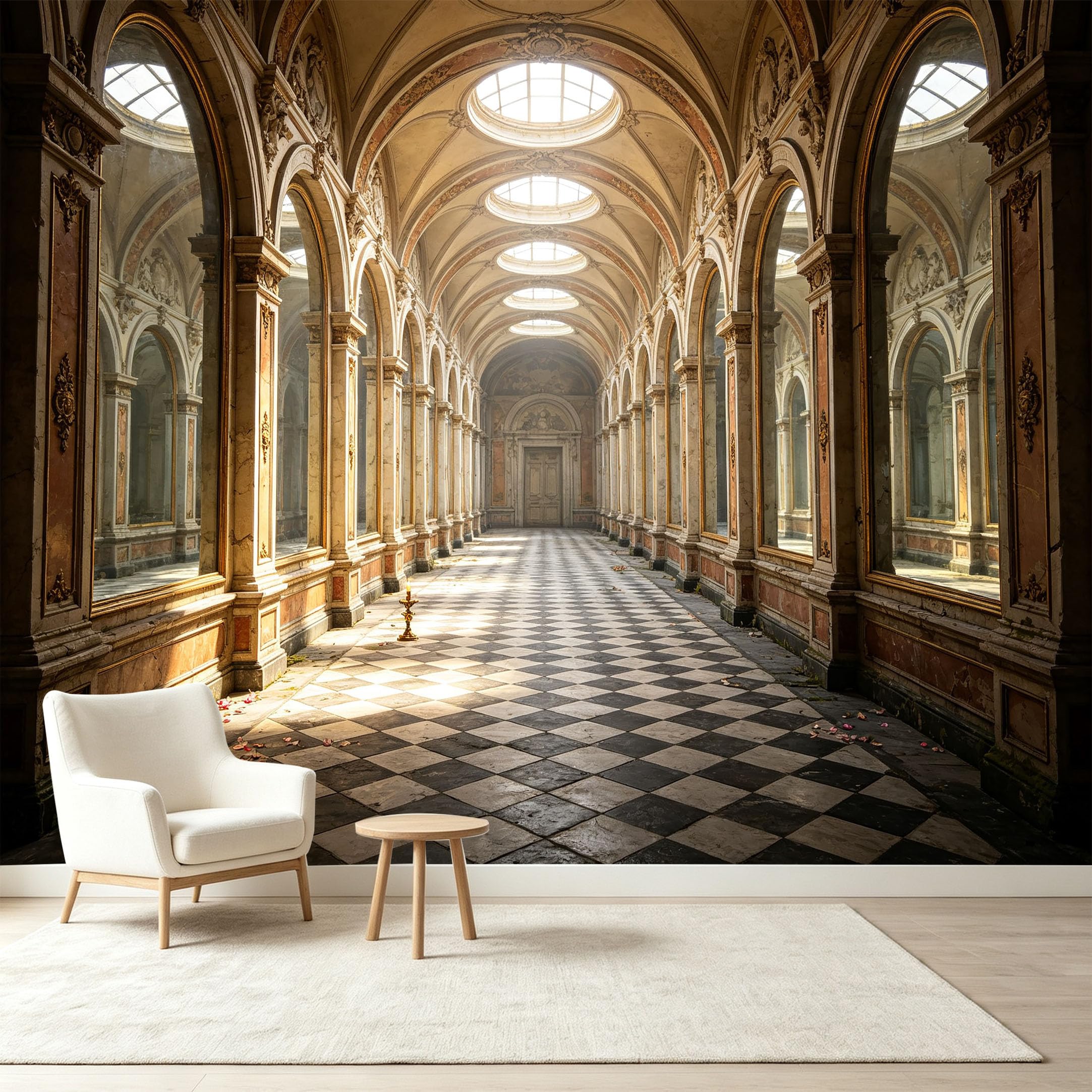 Custom Size Wall Murals Neoclassical Palace Hallway 3D Trompe L'Oeil Marble Arches Checkerboard Floor Self-Adhesive Wall Fabric Removable Wallpaper Wall Decor for Living Bedroom Bathroom