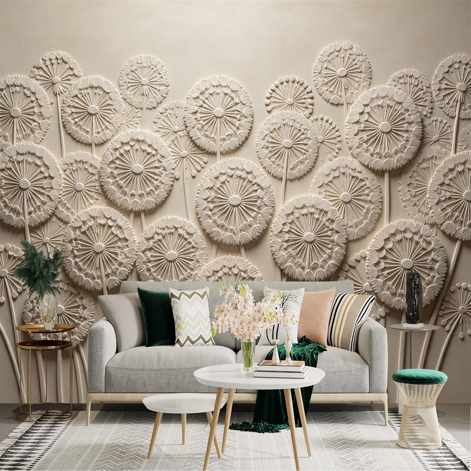 Lnzczhyre Dbh260521544 Custom Size Wall Sticker Mural， Elegant White Dandelion Relief， Minimalist Floral Texture， Abstract Botanical Art， Contemporary 3D Effect， For Wall Decoration， Peelandstick Wall Decals.