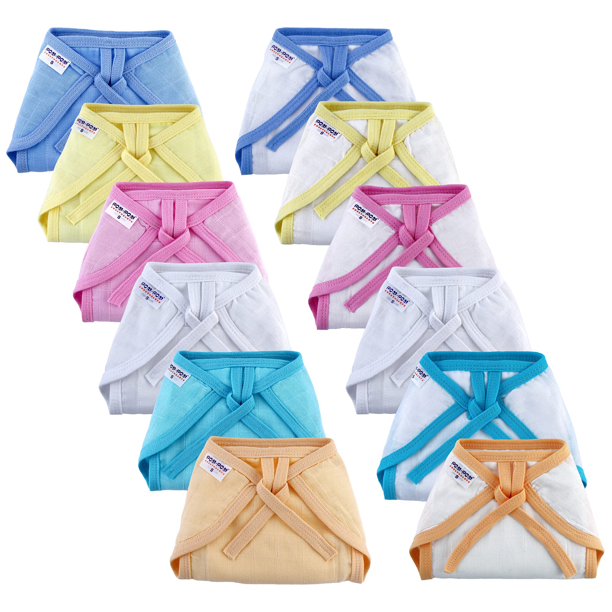 Pom Pom Sweethearts Tie up Nappy For Babies, Reusable, Washable Soft Muslin Cotton Nappy/Langot for New Born Baby | Gentle on Baby Skin | Helps in Potty Training | 0-1 months | Pack of 12 | Combo-image-32