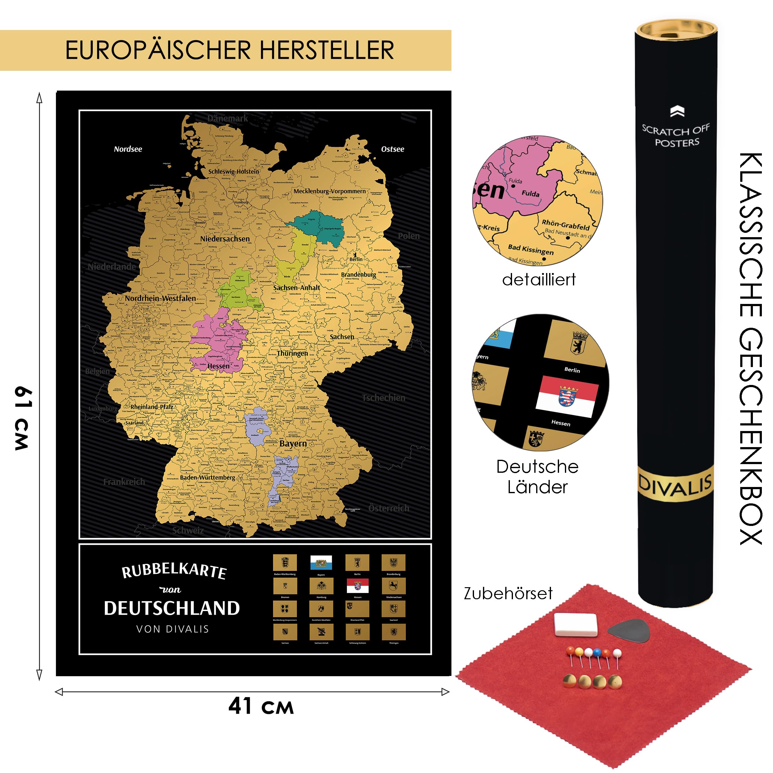 Rubbelkarte von Deutschland mit Kratzerset - Scratch off Germany Map Poster - Schwarz und Gold