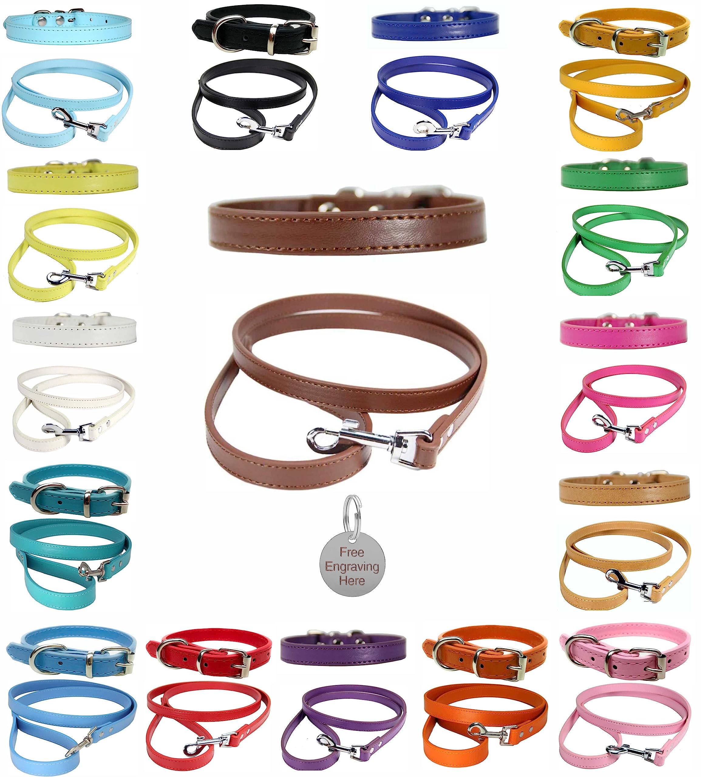 Vibrant Leather Dog Collar & Lead Combo Set for Puppy, Dogs Small, Medium & Large With Personalised Engraved Round Silver Pet Tag (Medium (28cm - 36cm Neck), Dark Brown)