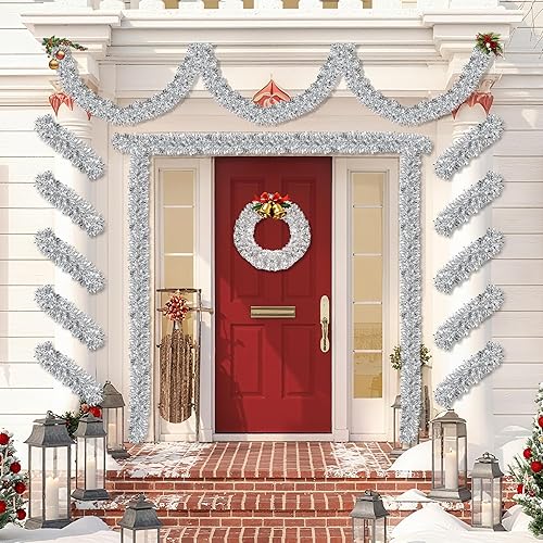 Miniatura 7 de Guirnalda de oropel de Navidad plateada de 50 pies para decoración de árbol de Navidad, guirnaldas de oropel colgantes metálicas brillantes para
