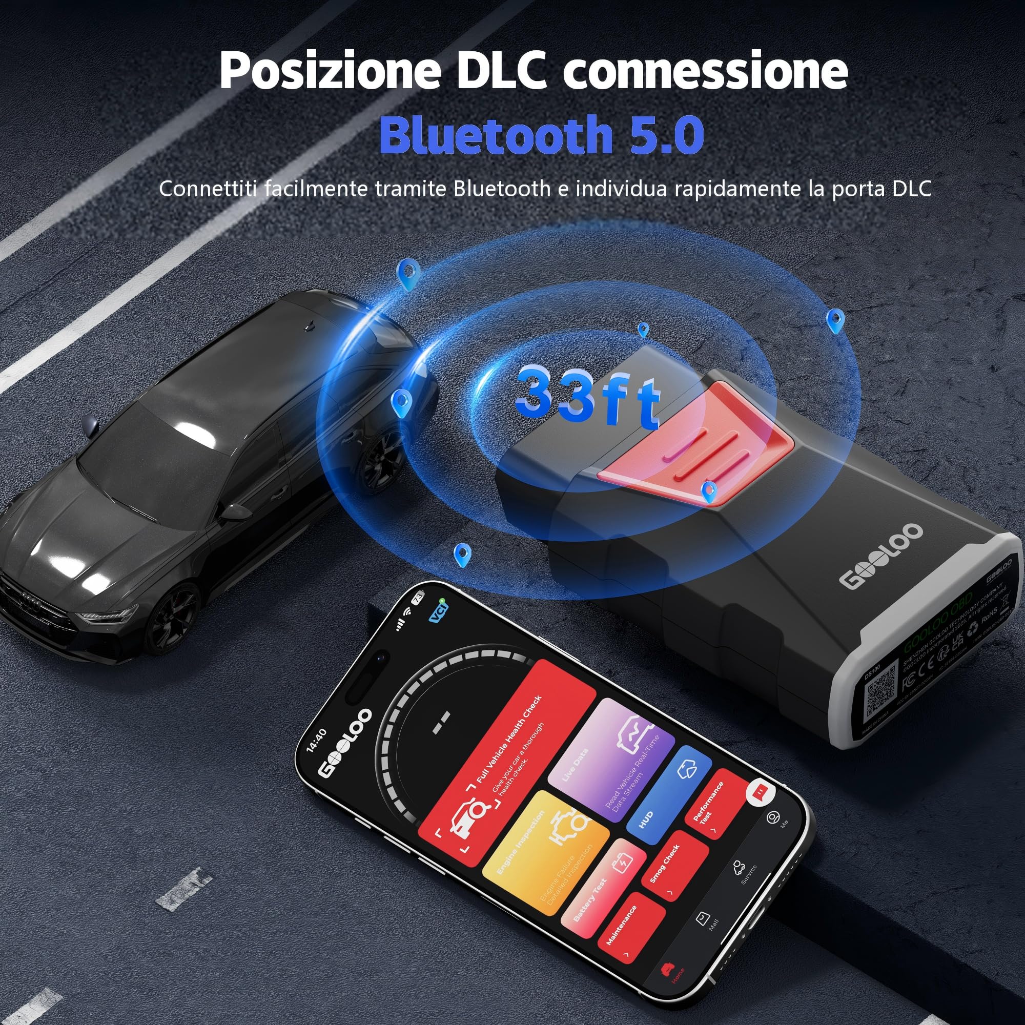 GOOLOO DEEPSCAN DS100 Strumento di Diagnosi OBD2 Completa con Bluetooth, Lettore di Codici per Auto, Guida alla Riparazione, Reset Oil/Throttle/EPB/TPMS/BMS/DPF, Compatibile con iOS e Android