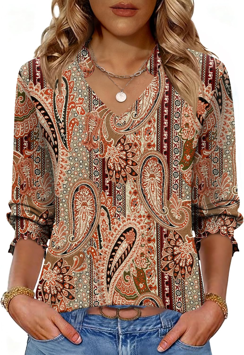 Kistore Tops for Women Dressy Casual 3/4 Length Sleeve Blouses with Pleated Cuffs 2026 Trendy Shirts