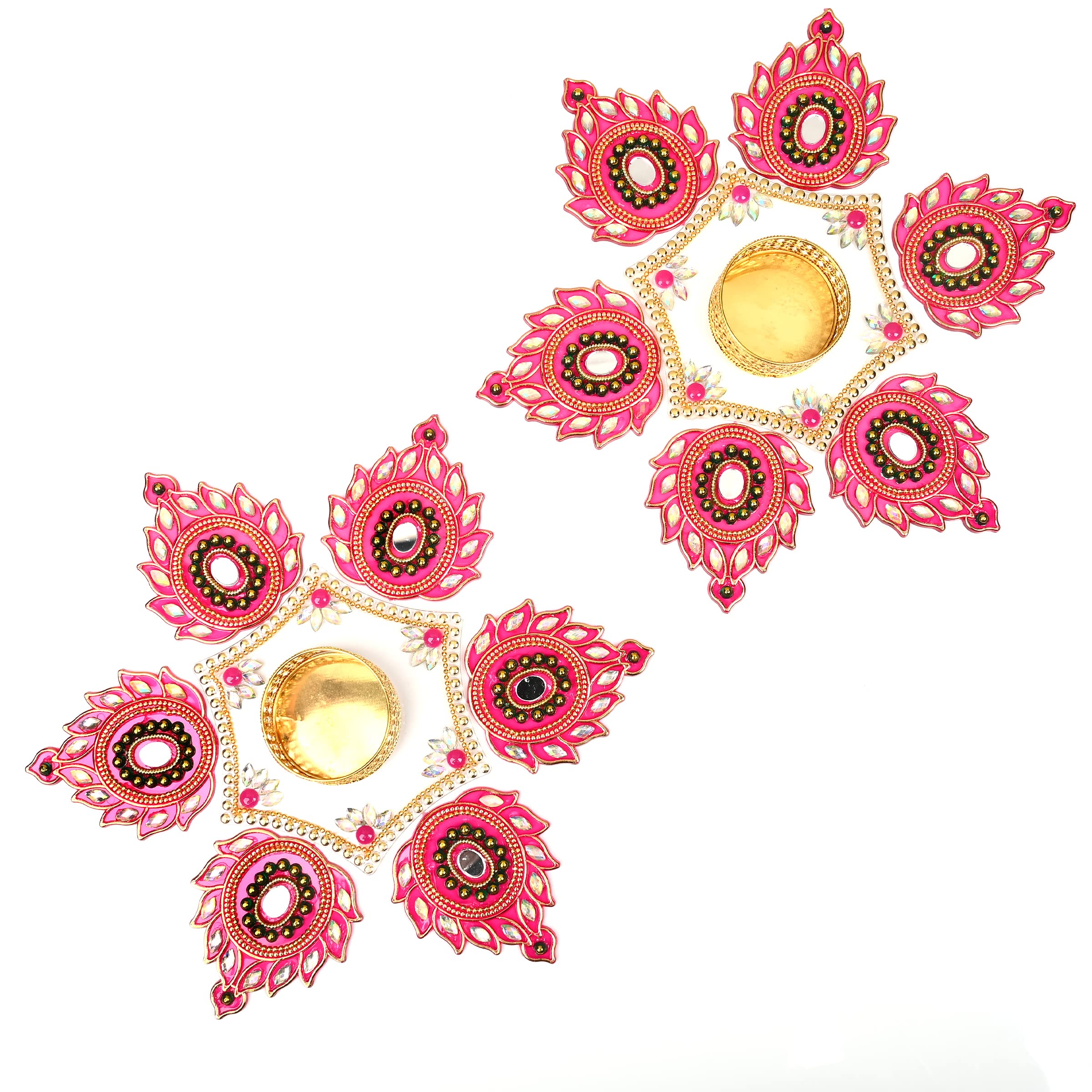Set of 2 Flower Designer Floor Rangoli with Tea Light Holder Home Décor Acrylic Indian Traditional Handmade Rangoli Floor Decor Indian Wedding Festival Gift(Size:- 7" Inches)(Red,White)