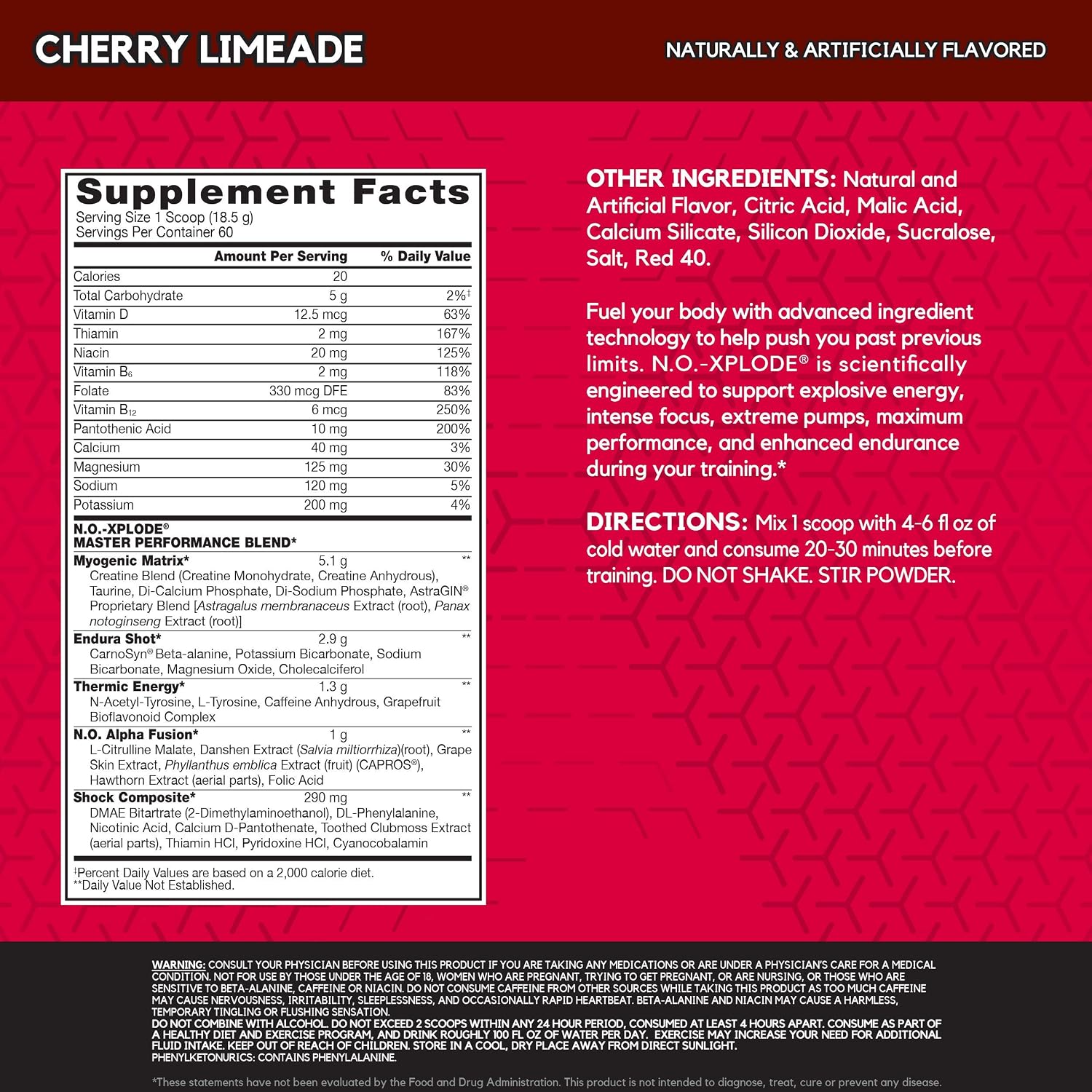 BSN N.O.-XPLODE Pre Workout Powder, Energy Supplement for Men and Women with Creatine and Beta-Alanine, Flavor: Cherry Limeade, 60 Servings