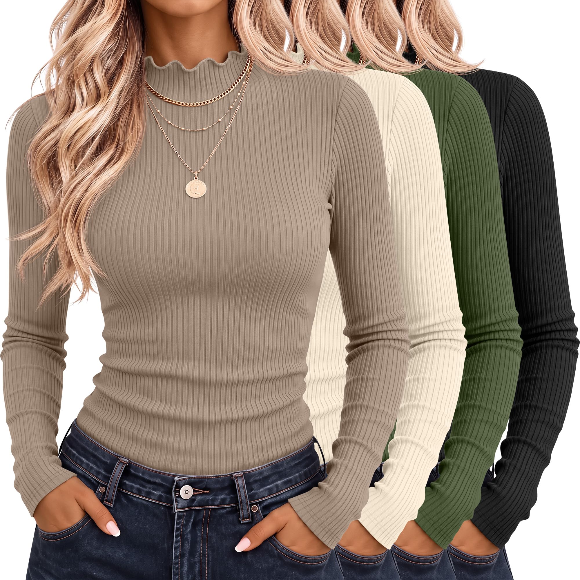 Riyiper 4 Pack Womens Cotton Mockneck Ribbed Long Sleeve Tops