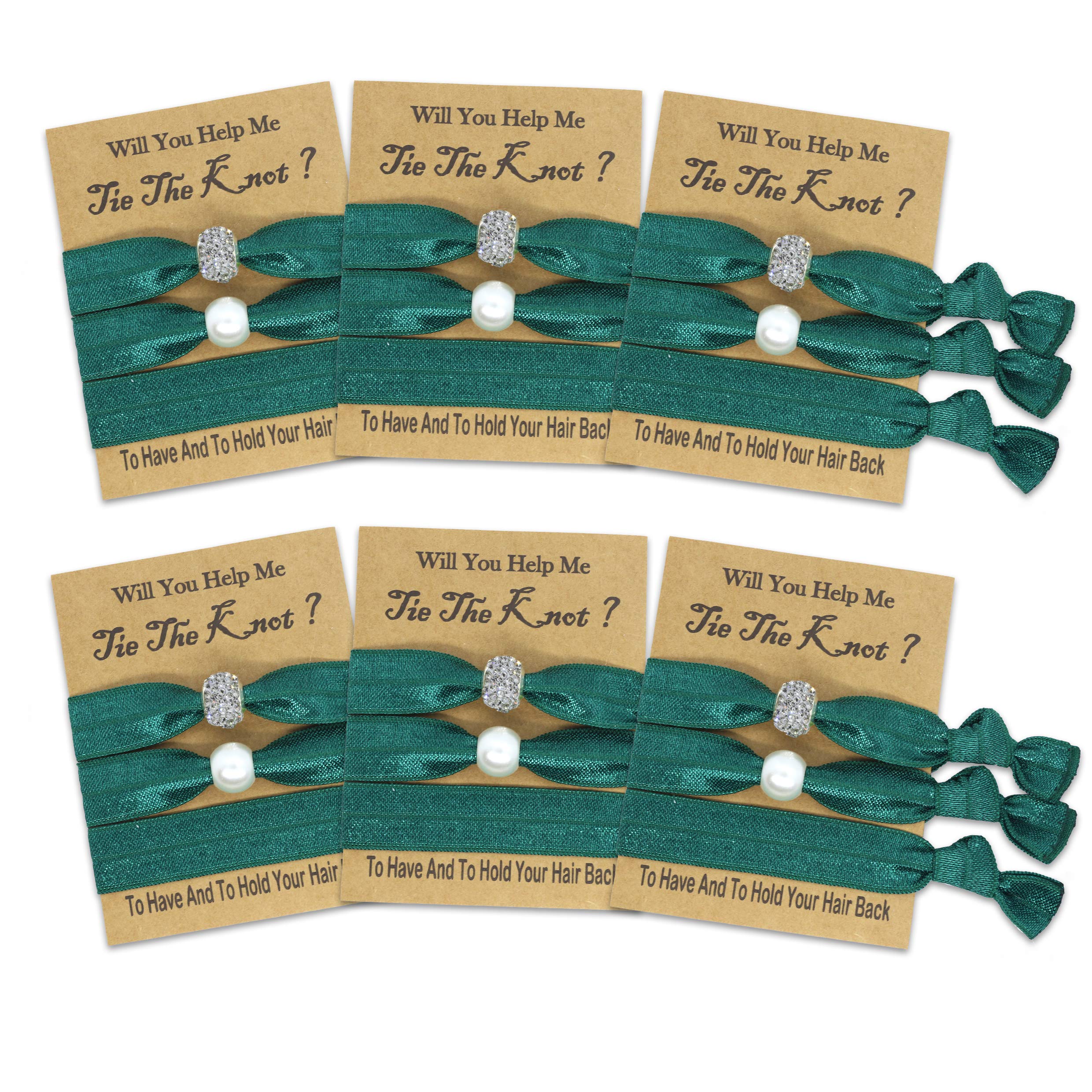 Bridesmaid Proposal Gifts Hair Tie Favors for Bridesmaids, Bachelorette Party Favors Bridal Shower Favors Bridesmaid Gifts for Wedding (Emerald), 3 Count (Pack of 6)