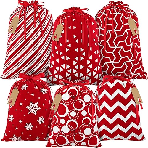 MIMIND 6 bolsas de regalo de Navidad con cordón, tela de algodón rojo y blanco, bolsas de regalo de Navidad, bolsas reutilizables para fiestas de