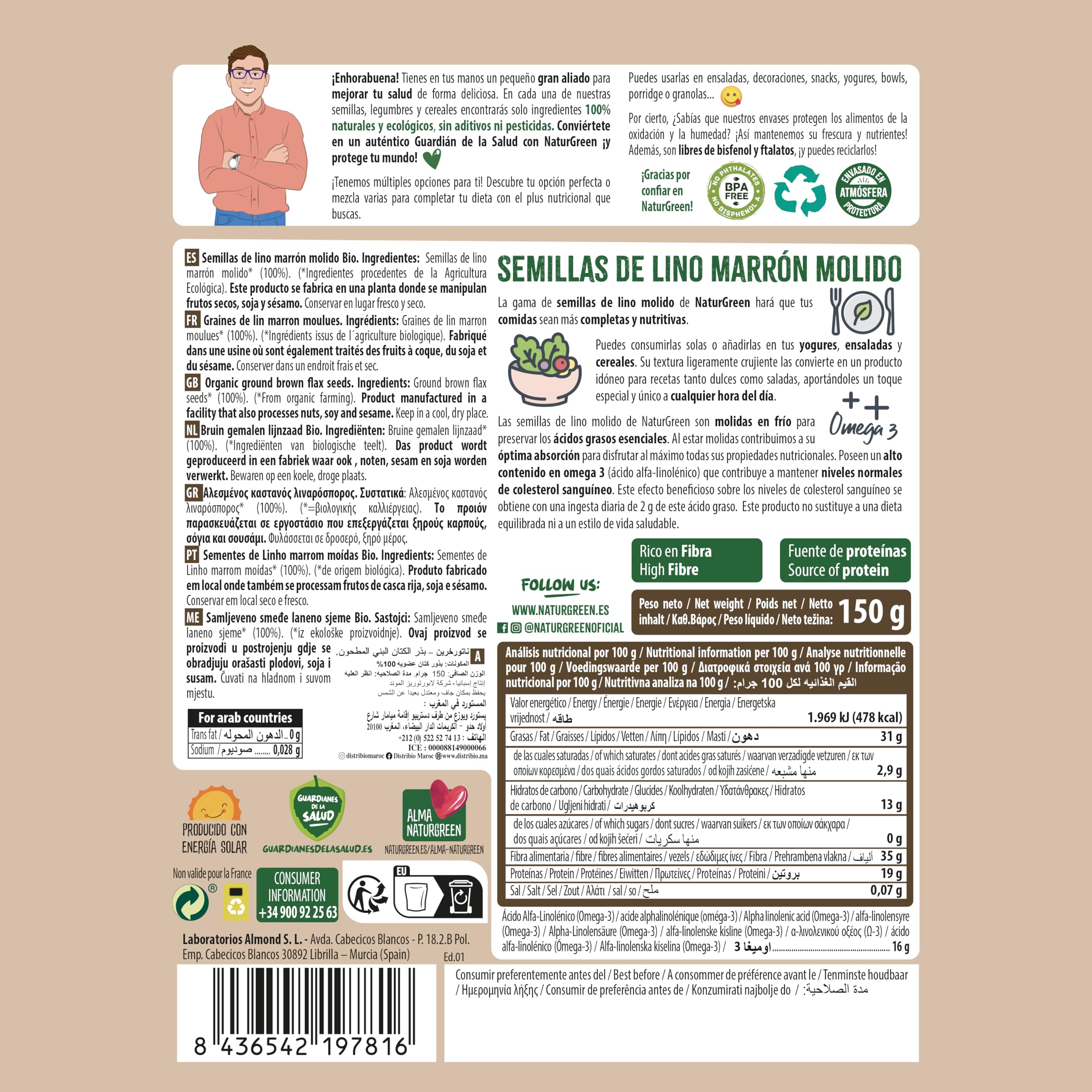 NaturGreen - Semillas Lino Marrón Molido Bio, Molido en Frío, Sin Gluten, 100% Vegetal, Ecológicas, Rico en Omega 3 y Fibra, Fuente de Proteínas, Sin Azúcares Añadidos, 150 g — view 4