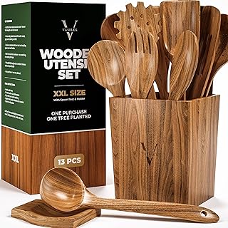 Vasilek Wooden Utensil Set XXL – 13 Piece Acacia Wood Cooking Tools with Square Holder for Nonstick Cookware with Holder & Spoon Rest – Wooden Spoons for Cooking, Spatula, Spurtle