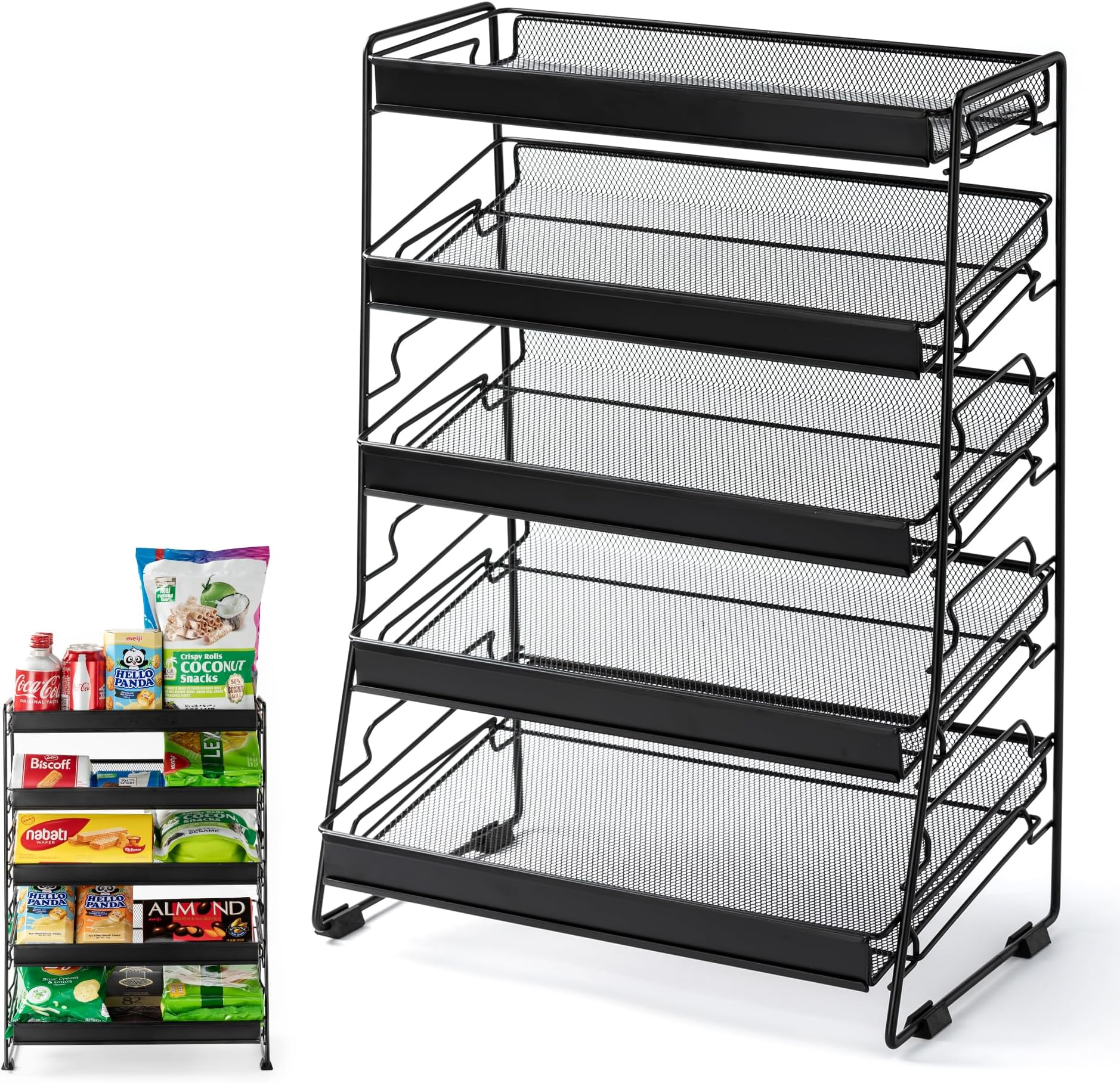 5 Tier Snack Organizer Candy Display Rack for Countertop, Snack Display for Counter Portable Chip Rack Black Metal Snack Shelf for Retail Stores Kitchen Office