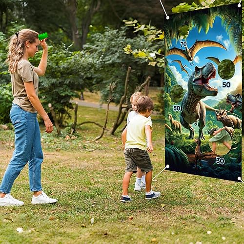 Miniatura 5 de Cartel de juego de lanzamiento del mundo de dinosaurios con 4 bolsas de frijoles, para fotos de dinosaurios, selva tropical de dinosaurio,