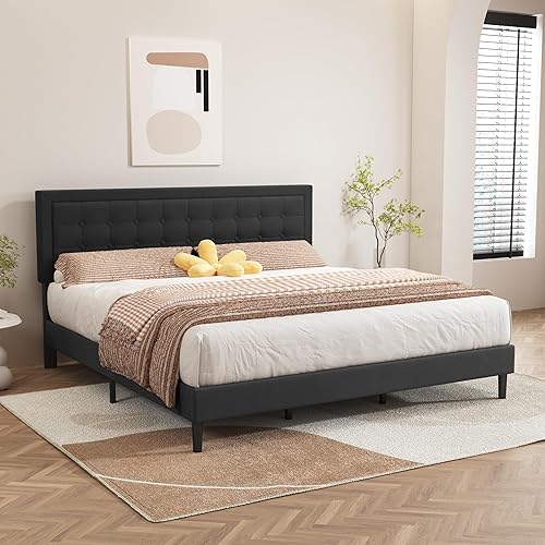 Miniatura 21 de alazyhome Base de cama tapizada moderna de tamaño Queen con cabecero tapizado con botones, listones de madera maciza, no necesita somier, fácil