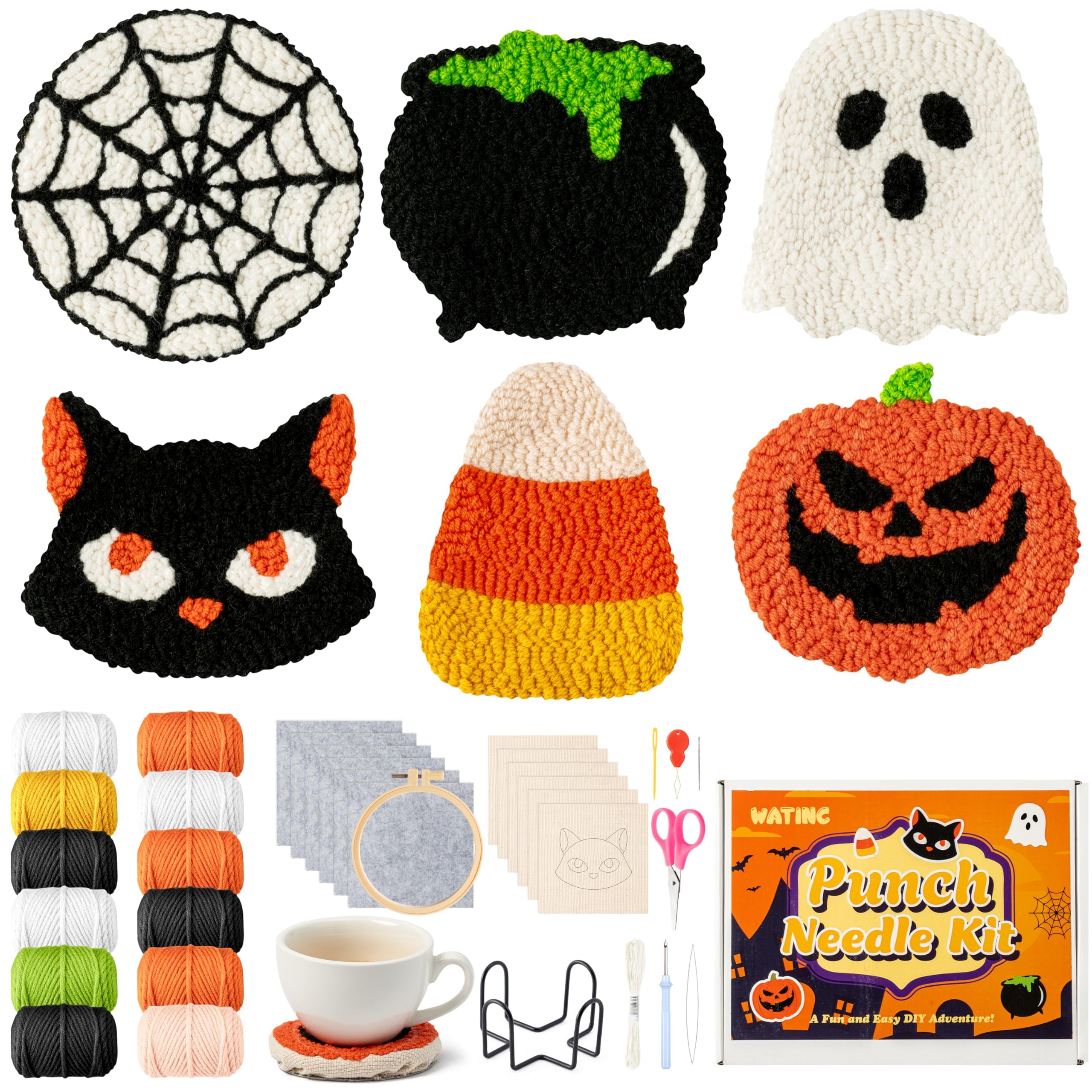 WATINC Punch Needle Coaster Kits - 23Pcs Easy Art Work Decor Craft Supply for Beginners, DIY Set of 6 Unique Pattern Tufted Pads with Adhesive Felt Yarns Tools Coaster Holder Instruction (Orange)