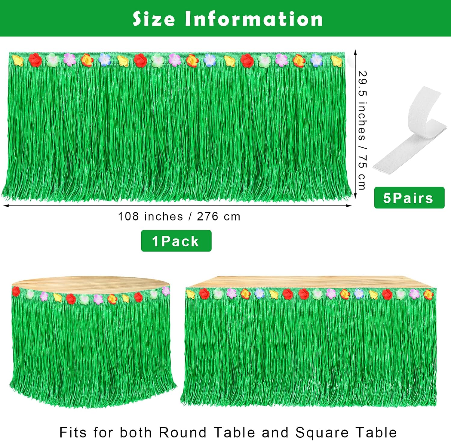 Fovths Luau Grass Table Skirt Natural 9 Feet x 29.5 Inch Hawaiian Table Skirt for Tropical Hawaiian Party Decorations Luau Party Costume Party, Green