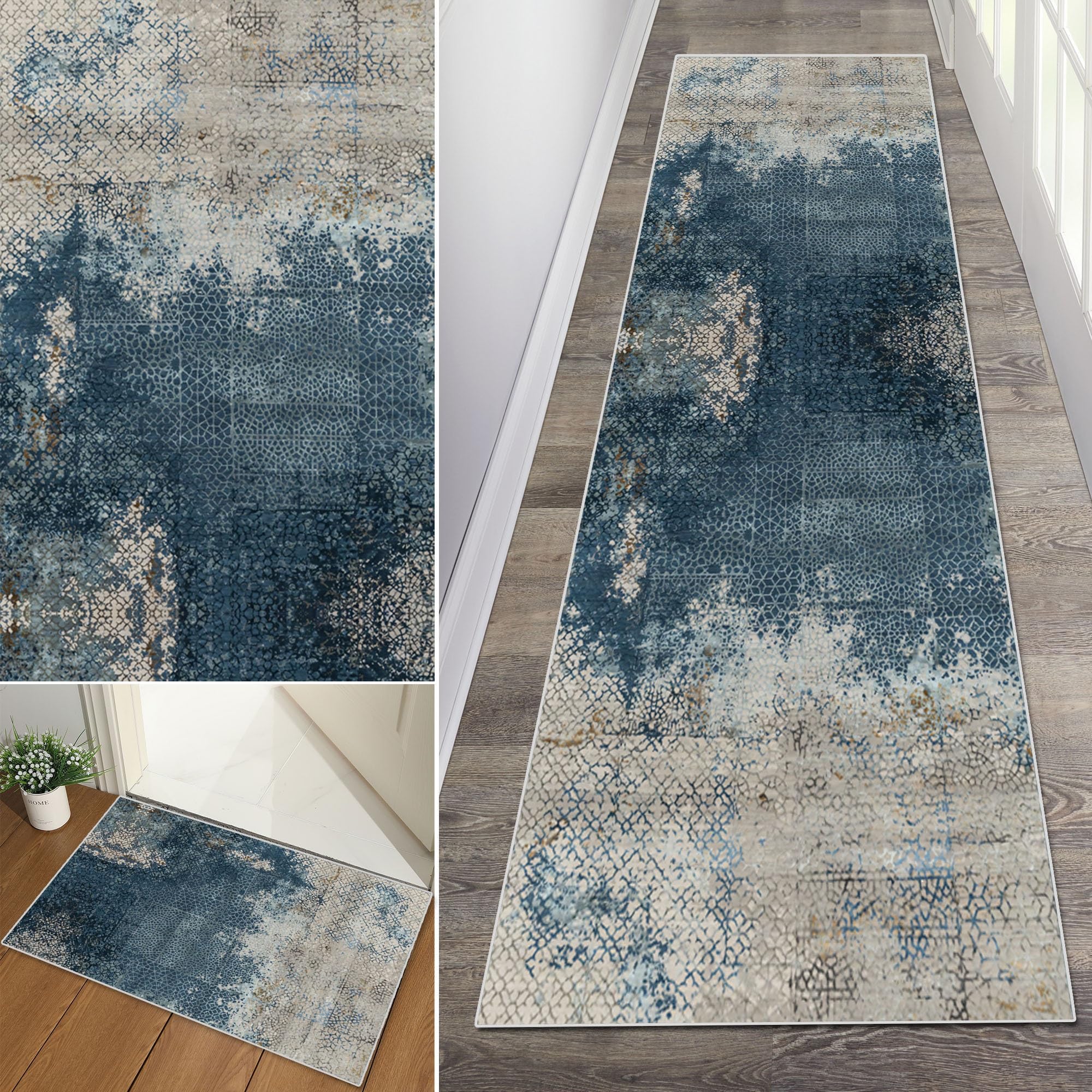 Lot 3 Tapis De Cuisine Antidérapants Famibay - Bleu Gris Abstrait Moderne 50x120 + 2x50x80 Cm Lavables
