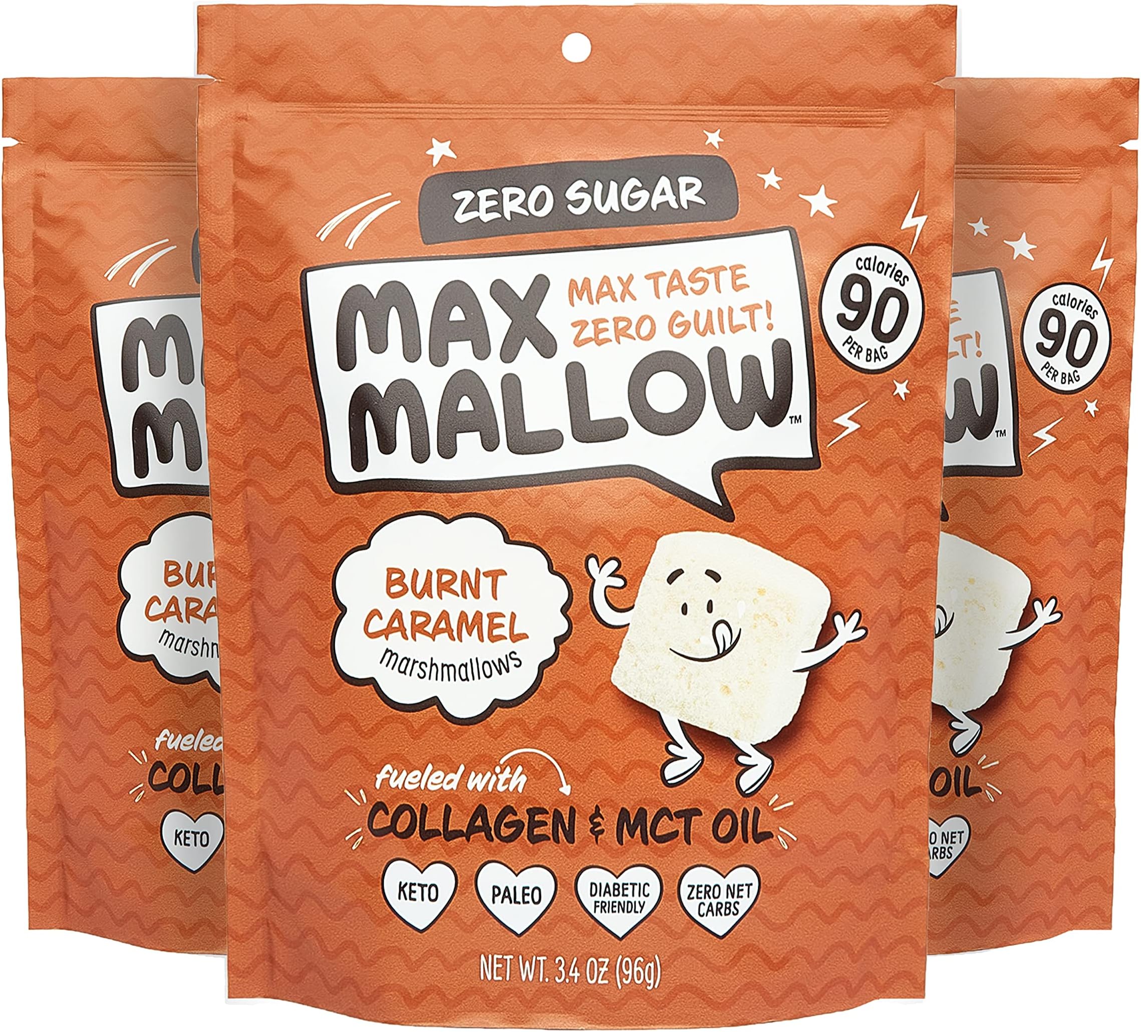 Know Brainer Max Mallow Burnt Caramel | Guilt-Free & Zero Sugar Marshmallows - Low Carb, Zero Fat, Gluten-Free & Ketogenic | Marshmallow Fueled with Collagen, MCT Oil & Fiber | Pack of 3 (9.9oz)