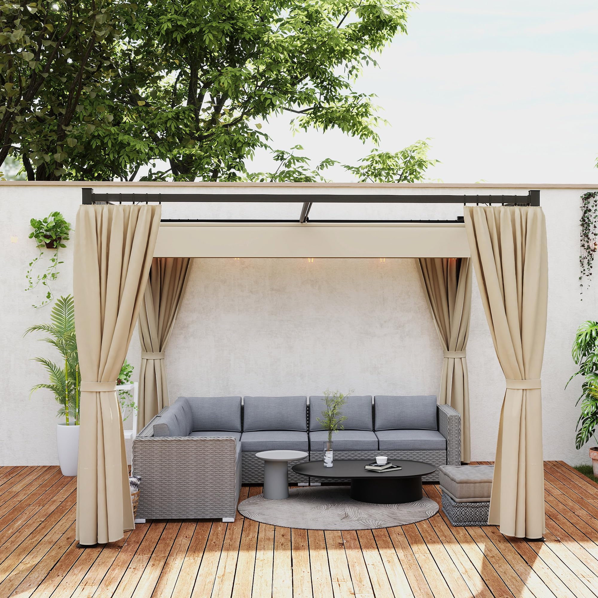 Outsunny Gazebo Pergola 3x3 m con Pareti Laterali e Tetto Retrattile, Metallo e Poliestere 180g/㎡, Beige