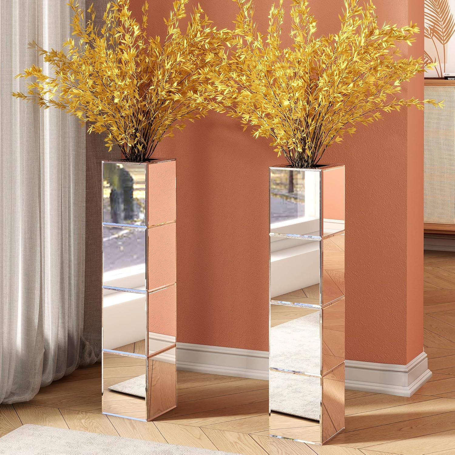 Tall Floor Vase, 28 inch Mirrored Vases for Floor Home Decorative Large Cube Vase Silver for Dried Flower Modern Glass Vases for Living Room
