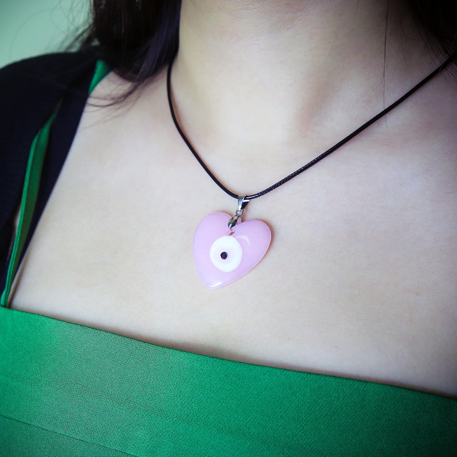 COLORFUL BLING Evil Eye Pendant Necklace Glass Leather Rope Bracelet Chain Turkish Protact Lucky Necklace for Women Men (couple heart evil eye) - Image 3