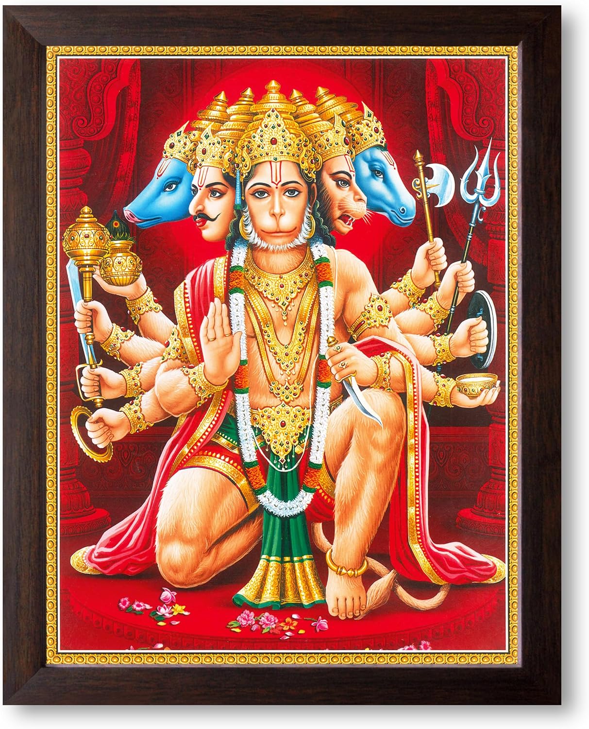 Art n Store Panchmukhi Hanuman ji, Bajrangbali, HD Printed Religious & Wall, Home Decor Painting Framed, for Home and Temple, Wood, Matte,Brown Frame (9 x 12 inches)