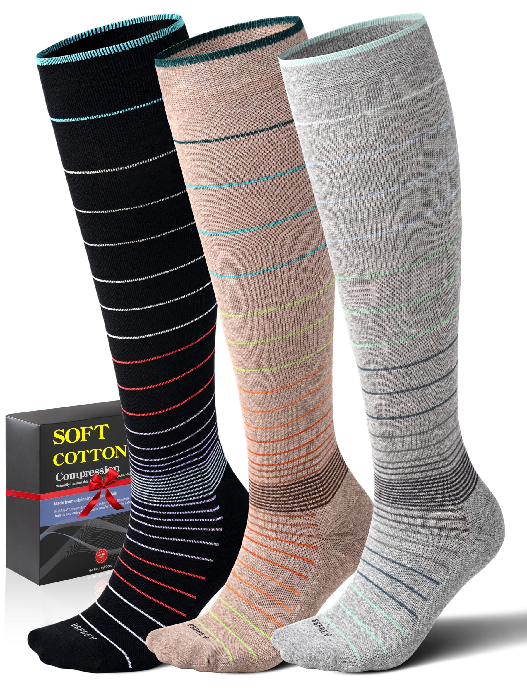 Soft Cotton Compression Socks for Women Men 20-30mmHg - Knee High Support for Circulation, Nurses, Pregnancy, Travel