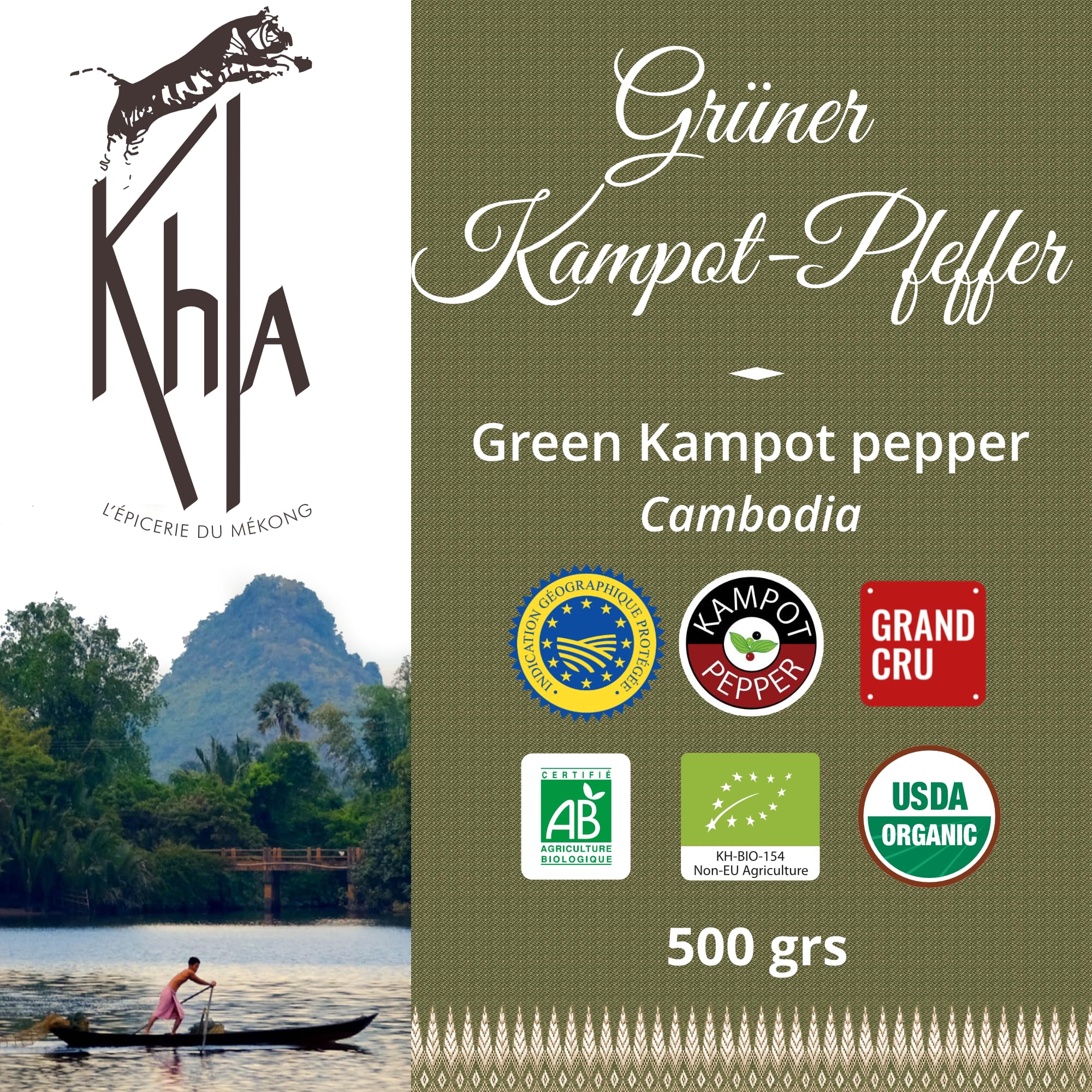 Khla - Grüner Kampot Pfeffer 500g - Frische Ganz Pfefferkörner - Bio-Zertifiziert - Aromatisch & Kräuterig - Direkt vom Erzeuger - Premium Grün Pfeffer - Snack, Saucen - Herkunft Kambodscha
