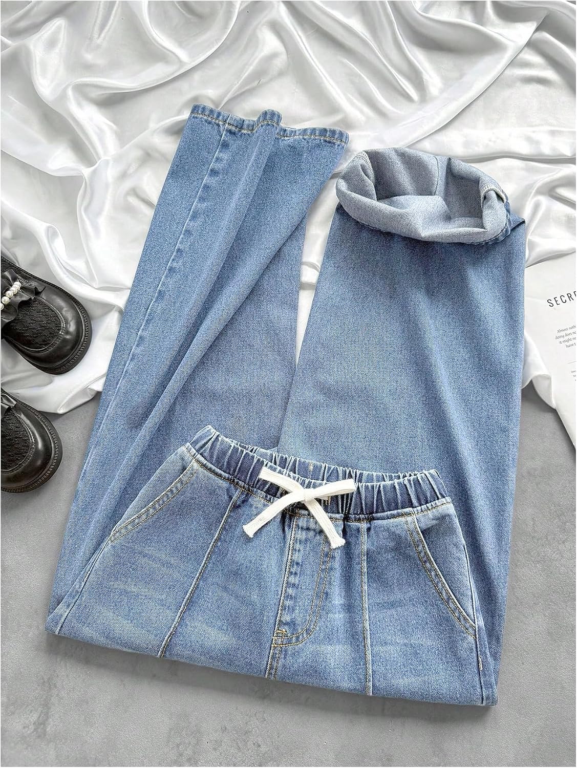 OYOANGLE Girl's Bow Baggy Denim Pants High Waisted Straight Leg Jeans