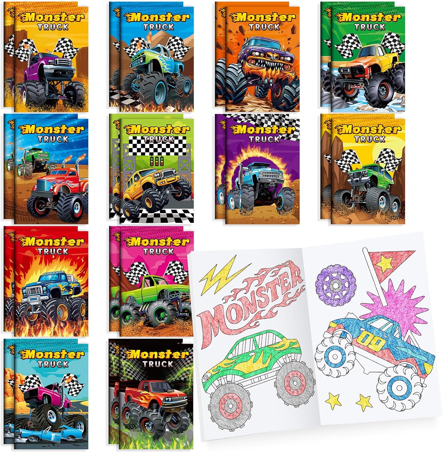 BenLouis 24 Pcs Monster Truck Mini Coloring Books Kids Monster Car Party Favors Small Activity Books Bulk for Kids Monster Truck Birthday Goodie Bags Stuffers Return Gifts Classroom Travel
