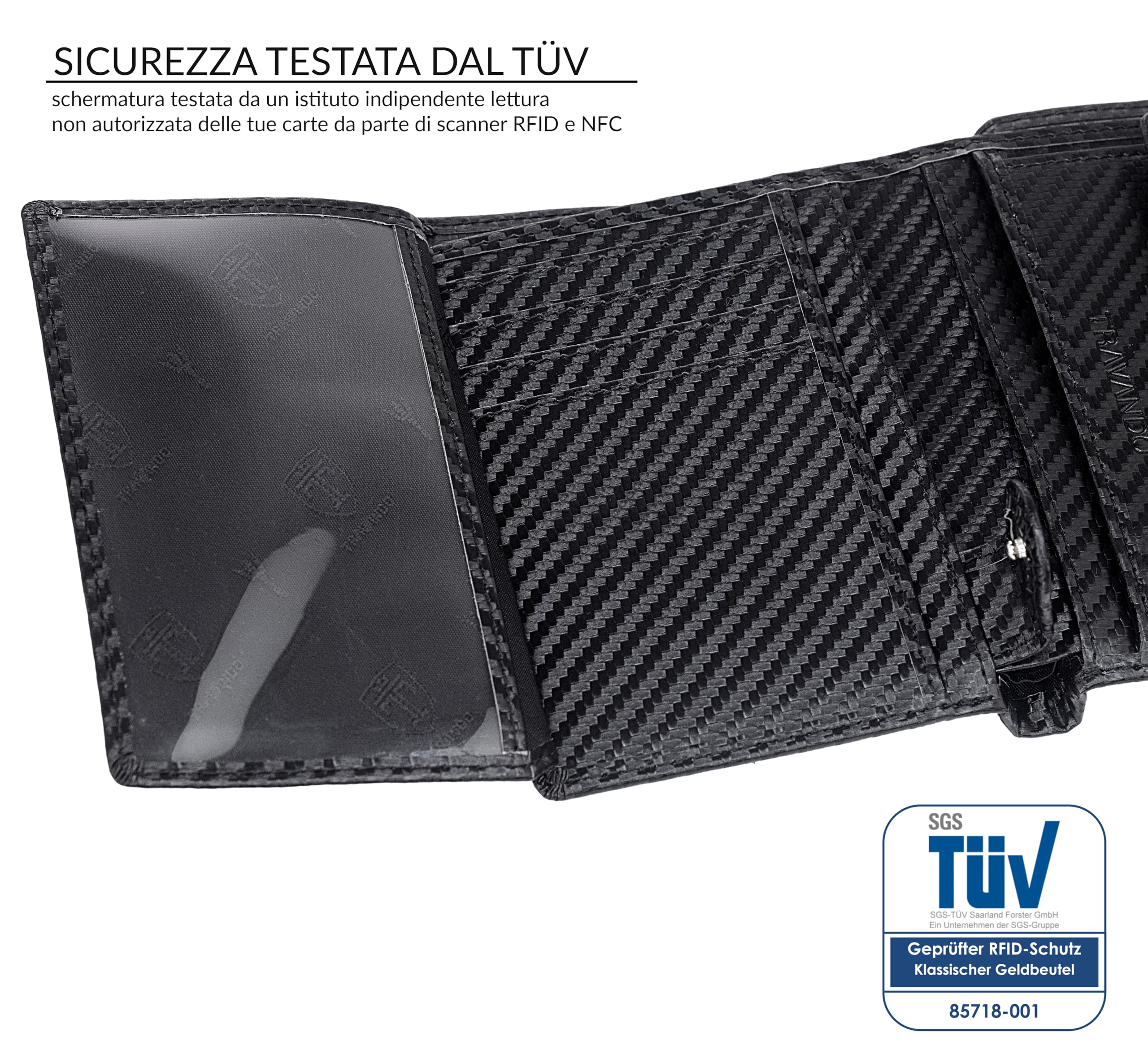 TRAVANDO Portafoglio Uomo Roma con protezione RFID - Porta Carte di Credito con Portamonete in formato Verticale (Carbon)